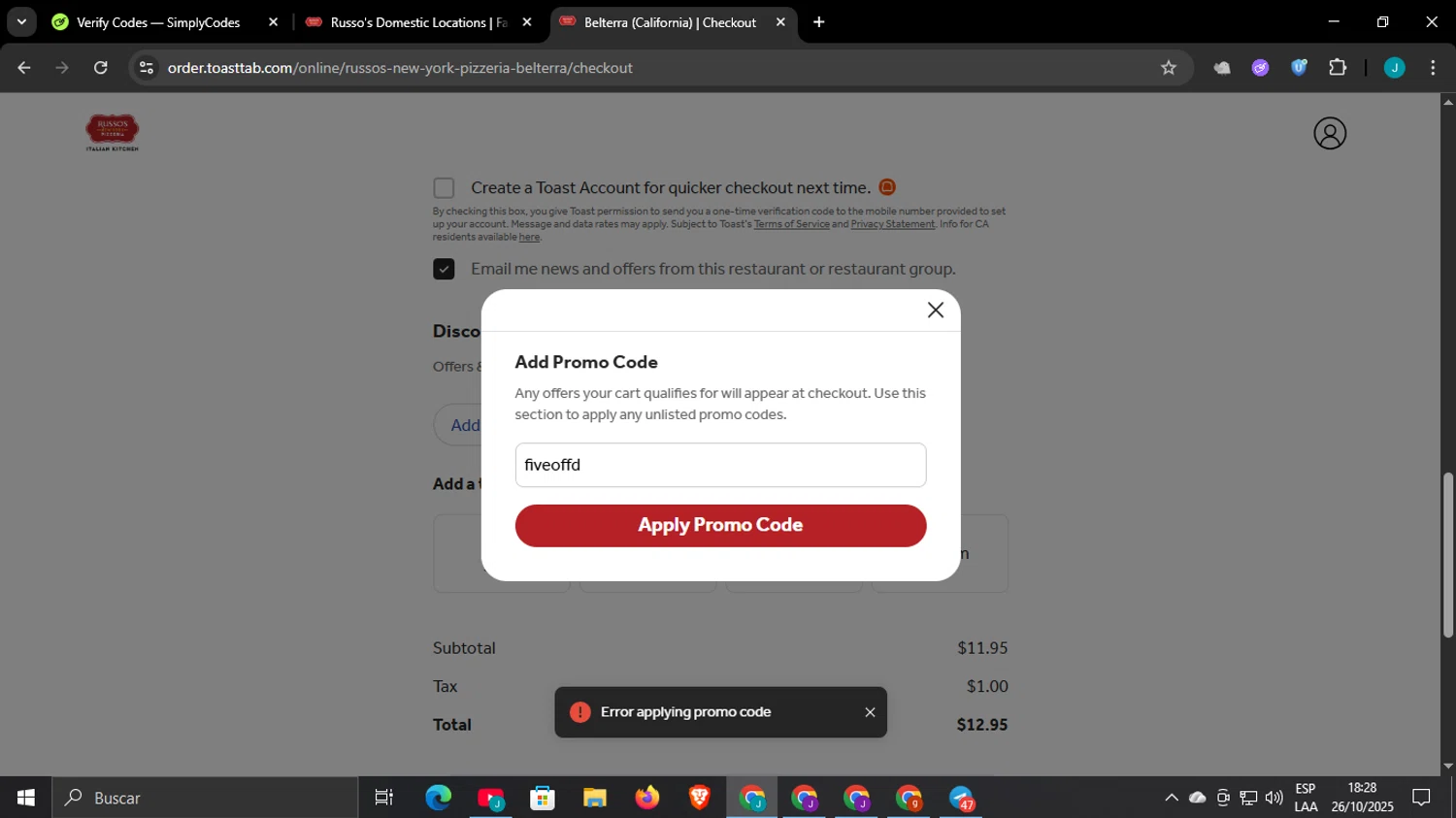 Russo's New York Pizzeria promo code screenshot showing code fiveoff applied at Russo's New York Pizzeria checkout page. Uploaded by SimplyCodes community member WonderCaptain6926 on Oct 26, 2025
