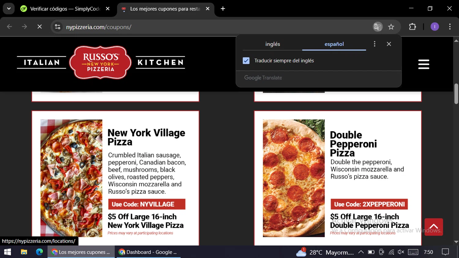 Russo's New York Pizzeria promo code screenshot showing code 2xpepperoni applied at Russo's New York Pizzeria checkout page. Uploaded by SimplyCodes community member AGP44456545 on Nov 24, 2025