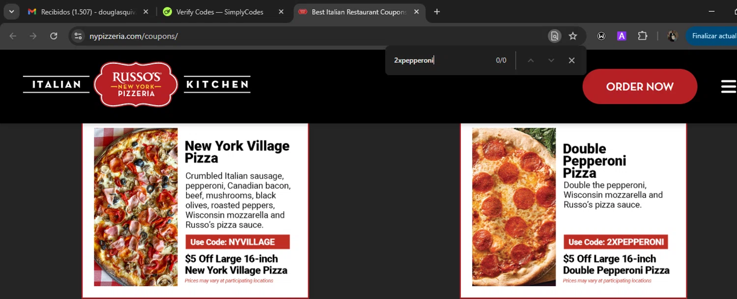 Russo's New York Pizzeria promo code screenshot showing code 2xpepperoni applied at Russo's New York Pizzeria checkout page. Uploaded by SimplyCodes community member WiseLegend5590 on Dec 23, 2025