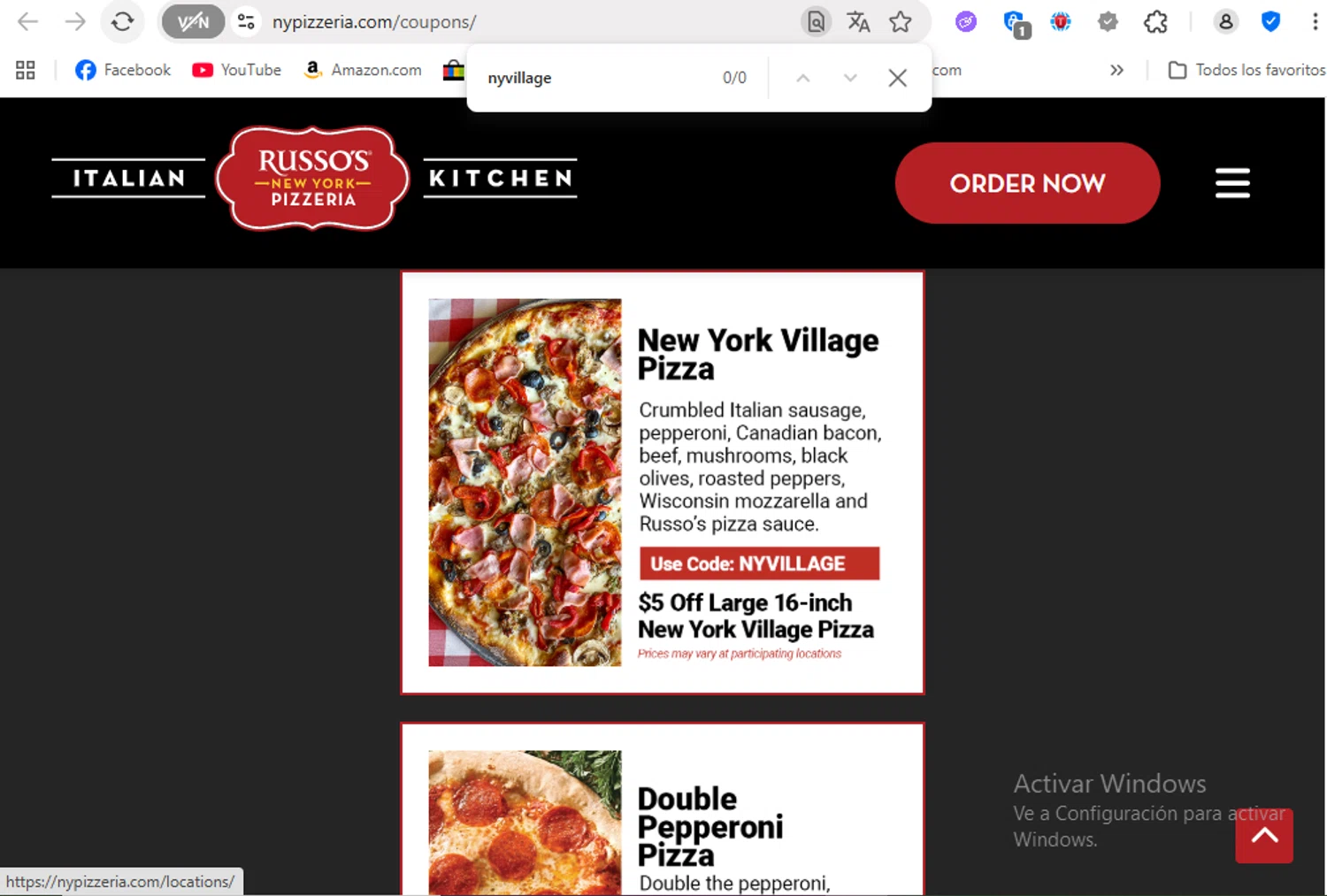 Russo's New York Pizzeria promo code screenshot showing code nyvillage applied at Russo's New York Pizzeria checkout page. Uploaded by SimplyCodes community member FrancyB on Oct 26, 2025