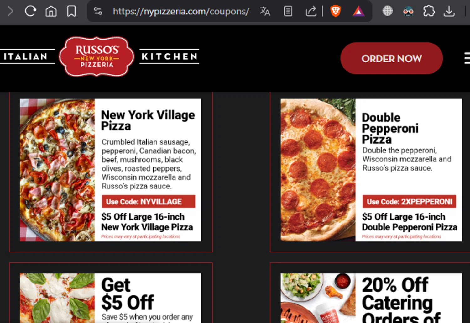 Russo's New York Pizzeria promo code screenshot showing code nyvillage applied at Russo's New York Pizzeria checkout page. Uploaded by SimplyCodes community member SpiderGwen on Nov 24, 2025