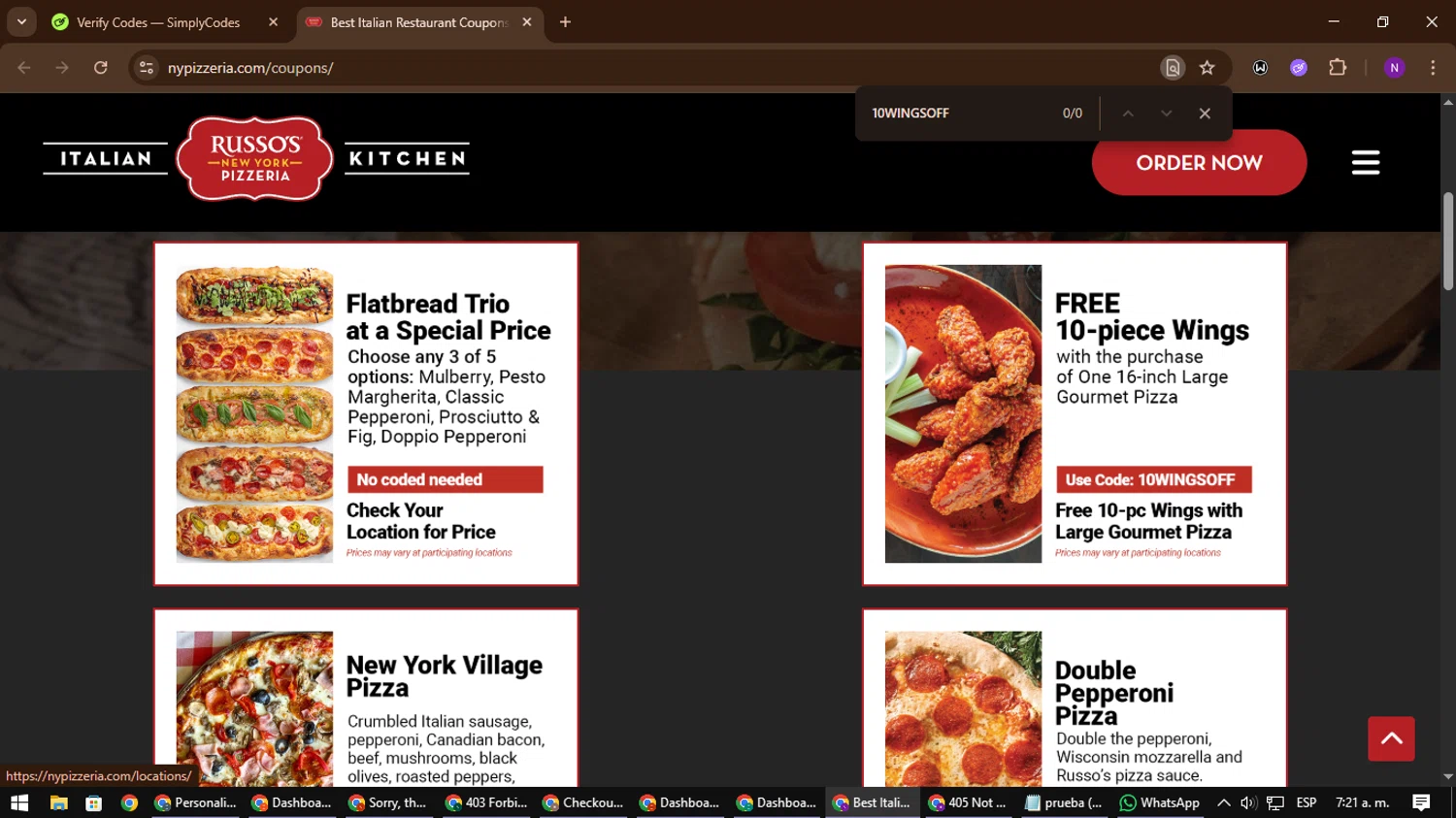 Russo's New York Pizzeria checkout page showing Russo's New York Pizzeria promo code box | Screenshot taken by SimplyCodes community member on Jan 6, 2026