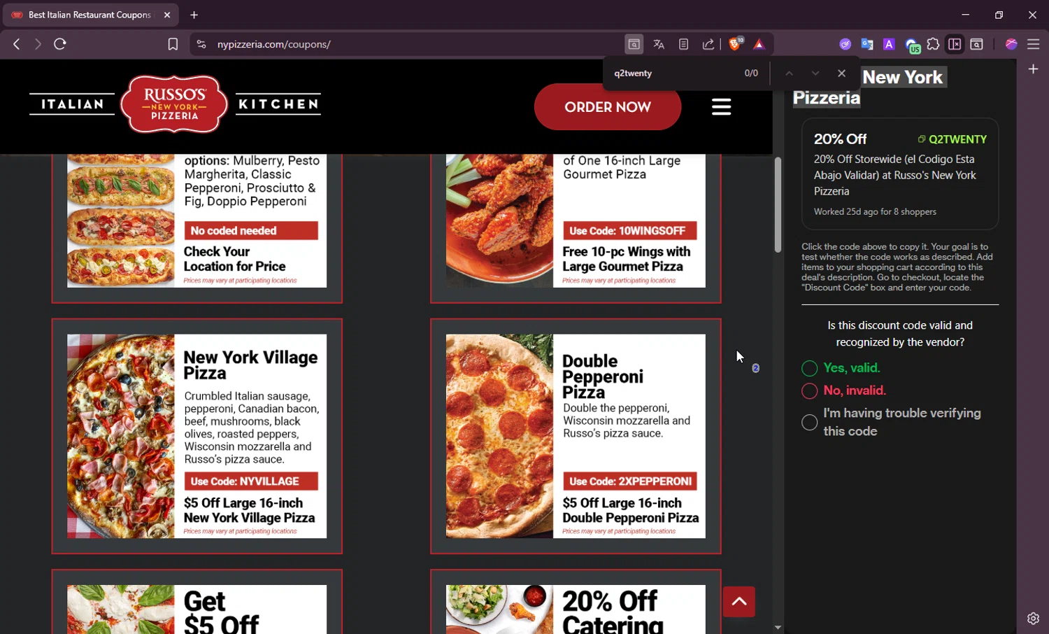 Russo's New York Pizzeria promo code screenshot showing code nyvillage applied at Russo's New York Pizzeria checkout page. Uploaded by SimplyCodes community member josetf27 on Oct 26, 2025