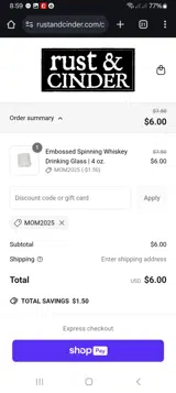 Rust & Cinder coupon verification screenshot