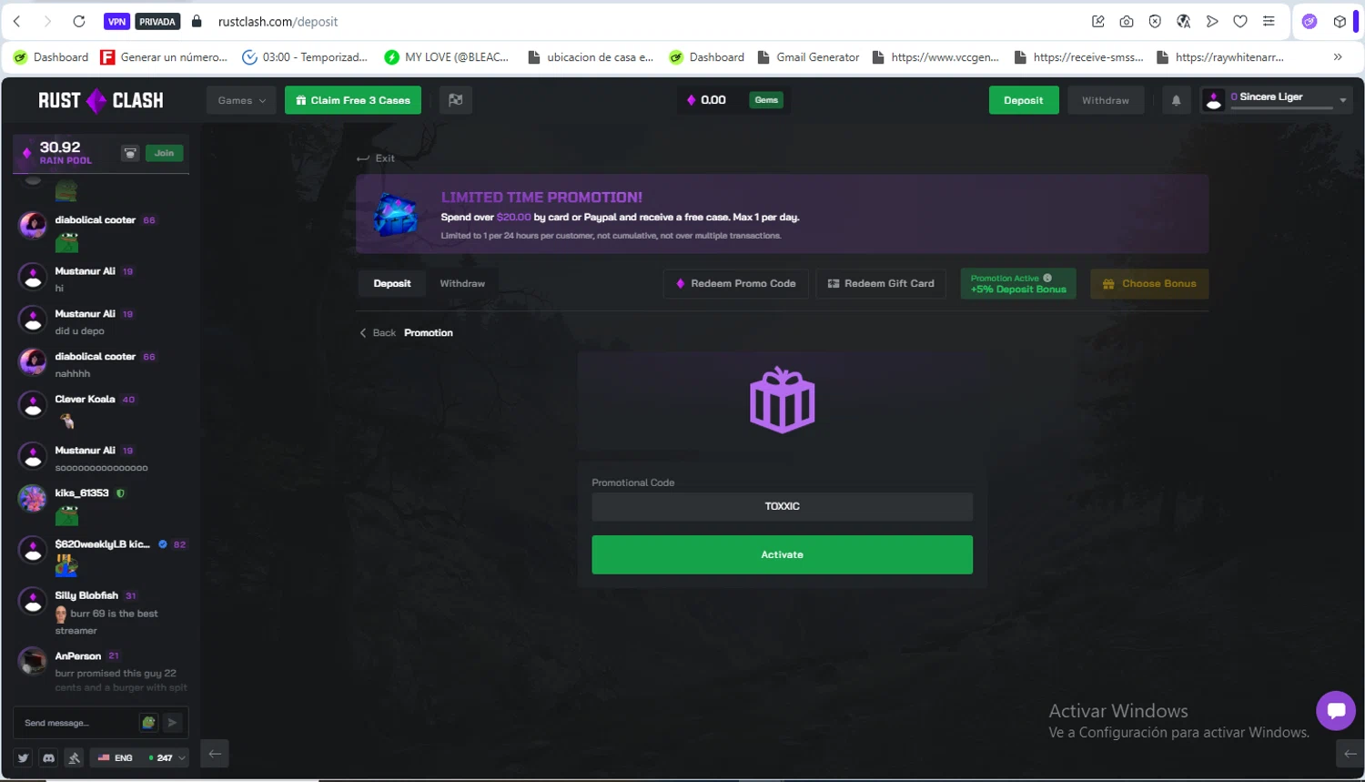 RustClash promo code screenshot showing code TOXXIC applied at RustClash checkout page. Uploaded by SimplyCodes community member VoucherFalcon3942 on Feb 19, 2026