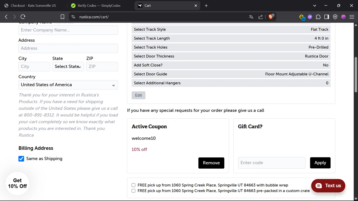 Rustica coupon code screenshot showing code welcome10 applied at Rustica checkout page. Uploaded by SimplyCodes community member comidaparallevar on May 10, 2025