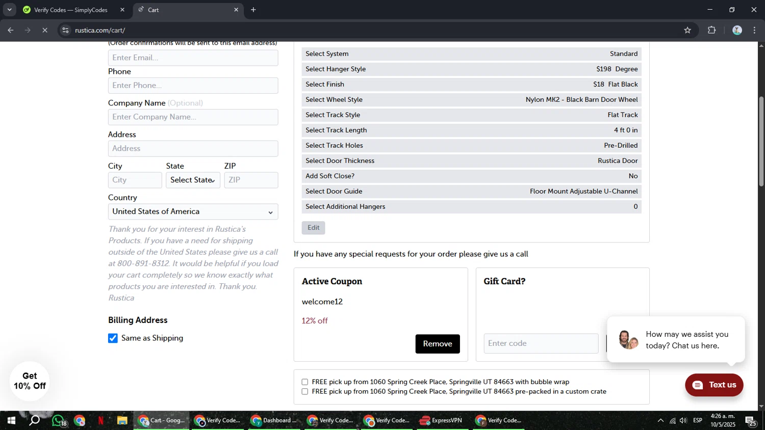 Rustica coupon code screenshot showing code WELCOME12 applied at Rustica checkout page. Uploaded by SimplyCodes community member ShrewdSeeker6165 on May 10, 2025
