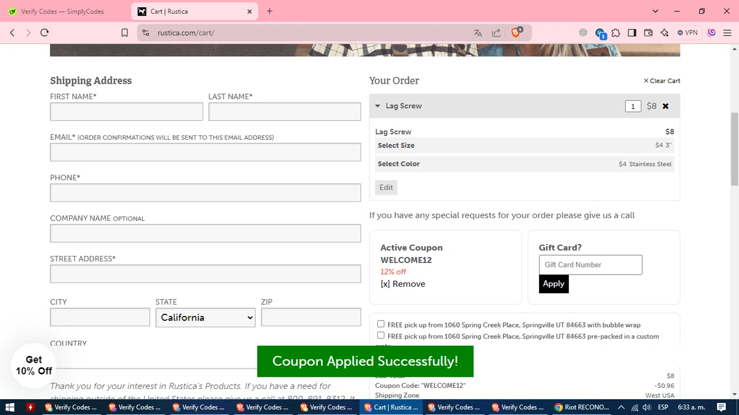 Rustica coupon code screenshot showing code WELCOME12 applied at Rustica checkout page. Uploaded by SimplyCodes community member CleverSpotter2858 on Jan 4, 2025