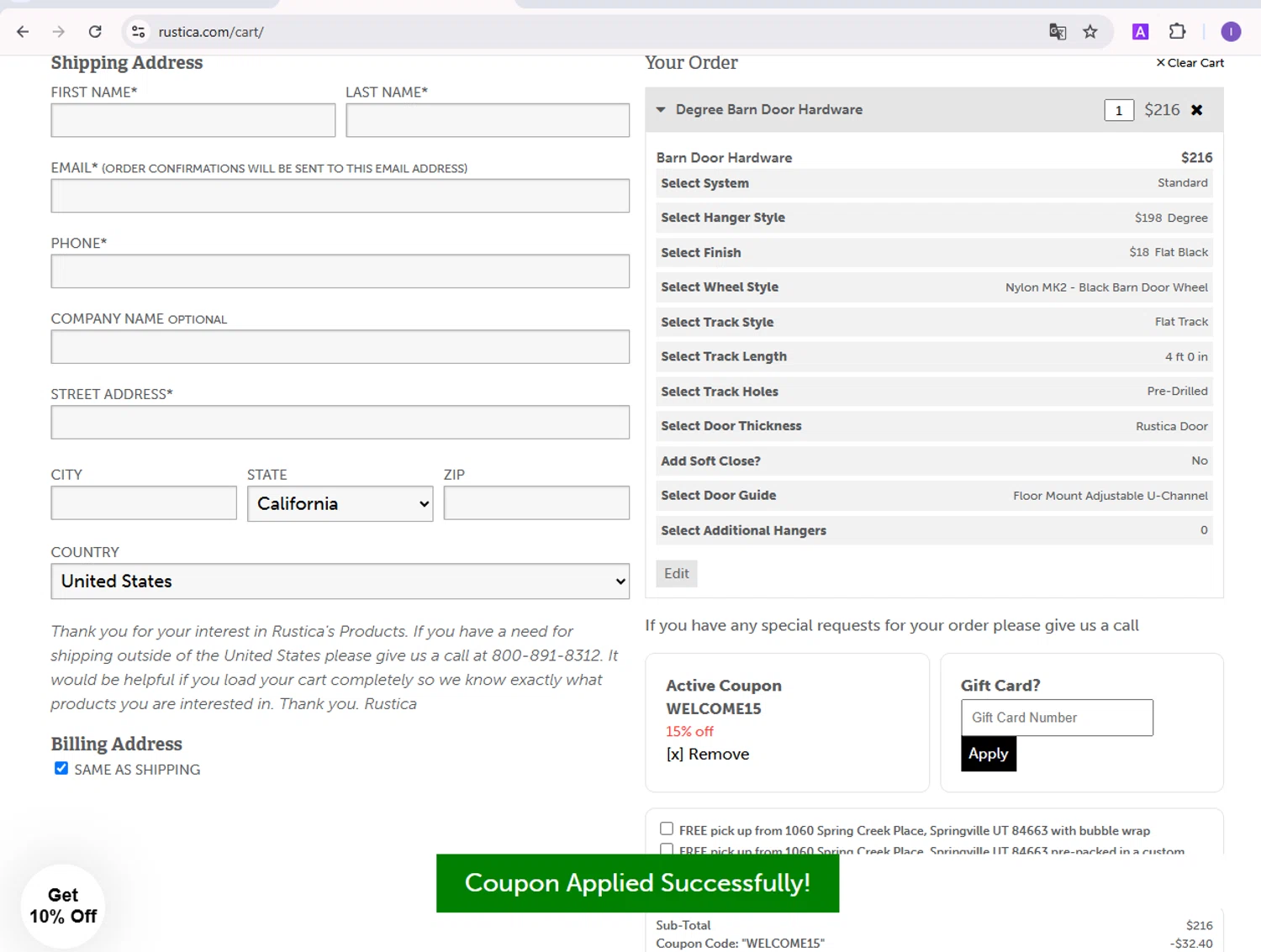 Rustica coupon code screenshot showing code WELCOME15 applied at Rustica checkout page. Uploaded by SimplyCodes community member SilverVirtuoso5948 on Mar 24, 2025