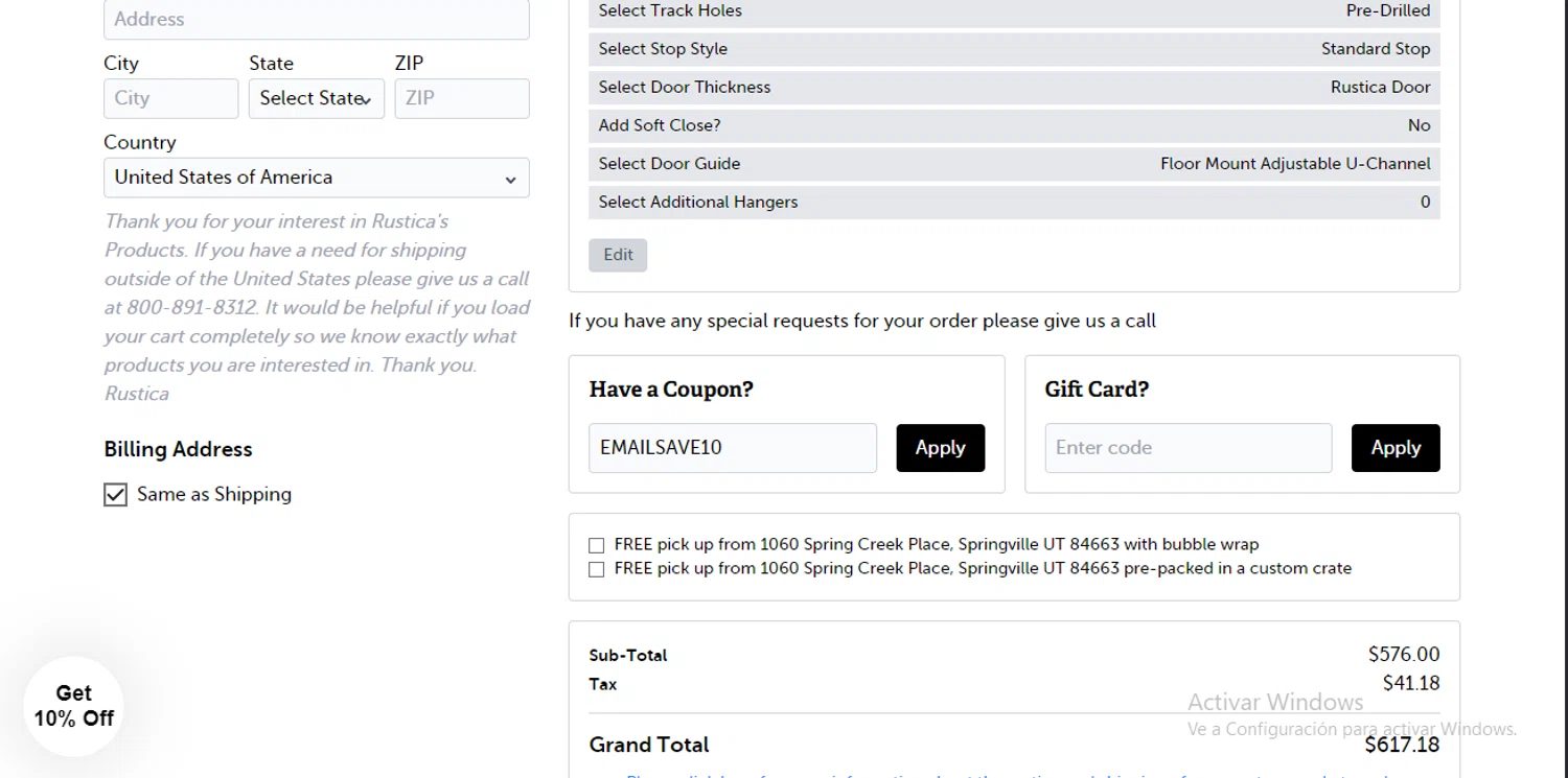 Rustica coupon code screenshot showing code EMAILSAVE10 applied at Rustica checkout page. Uploaded by SimplyCodes community member RewardLynx9164 on Jun 12, 2025