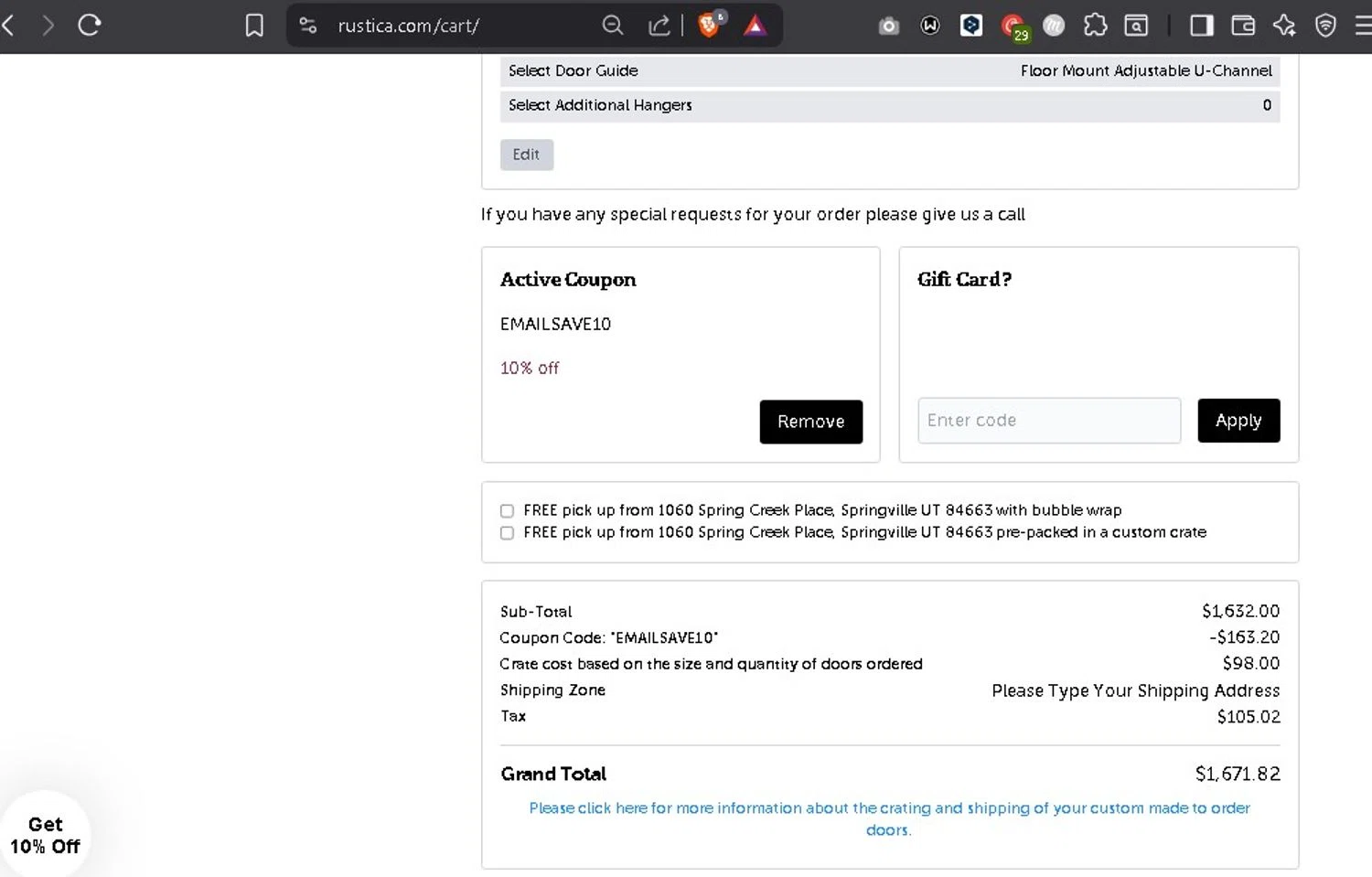 Rustica coupon code screenshot showing code EMAILSAVE10 applied at Rustica checkout page. Uploaded by SimplyCodes community member Elcompa on Jul 15, 2025