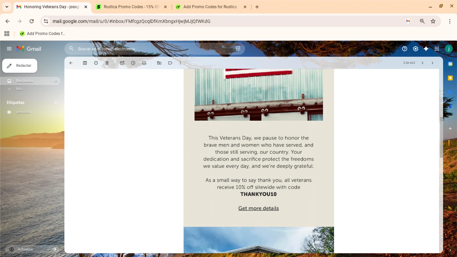 Rustica coupon code screenshot showing code THANKYOU10 applied at Rustica checkout page. Uploaded by SimplyCodes community member yennifergonzalez on Nov 11, 2025