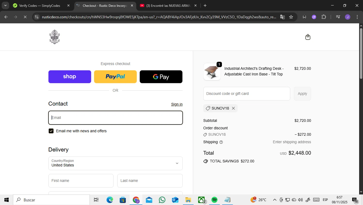 Rustic Deco promo code screenshot showing code SUNOV18 applied at Rustic Deco checkout page. Uploaded by SimplyCodes community member ENCARAMESSI on Nov 8, 2025