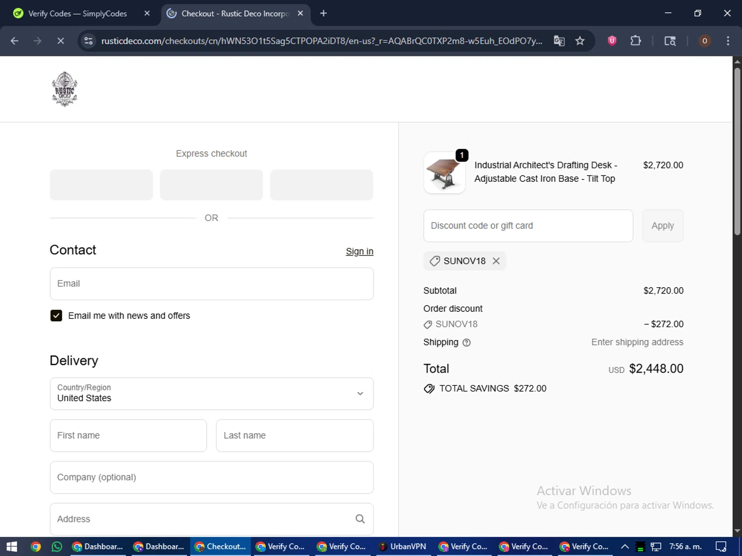 Rustic Deco promo code screenshot showing code SUNOV18 applied at Rustic Deco checkout page. Uploaded by SimplyCodes community member LegendaryAdmiral8649 on Nov 8, 2025