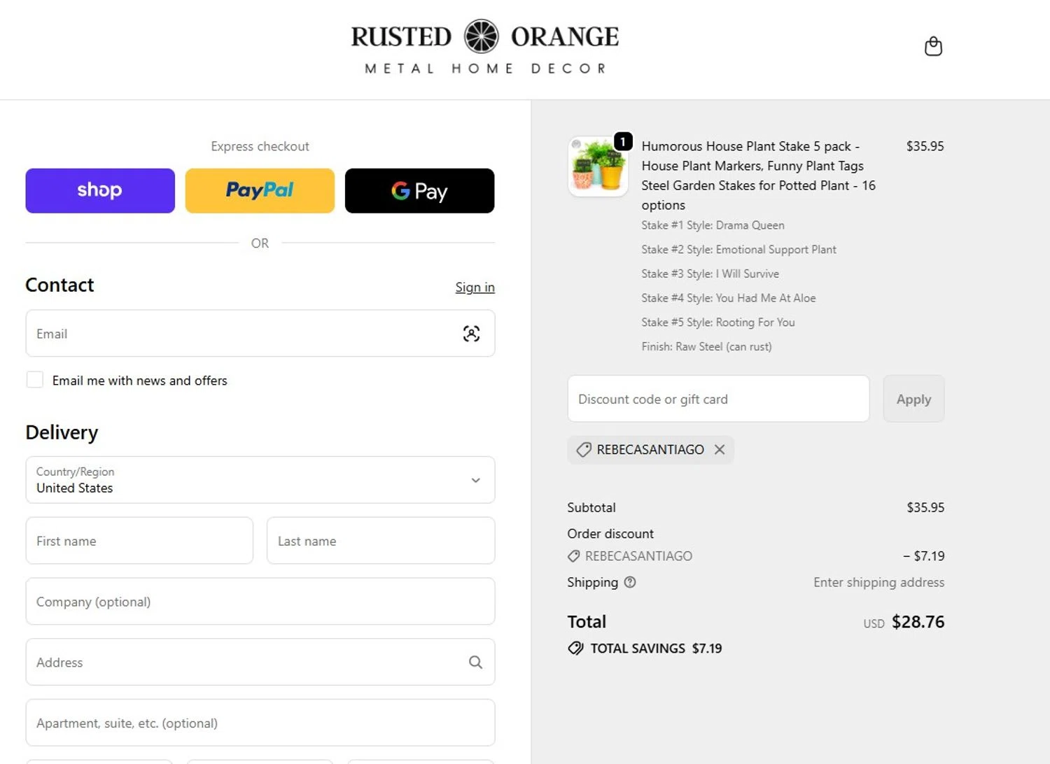 Rusted Orange Craftwork Co. promo code screenshot showing code REBECASANTIAGO applied at Rusted Orange Craftwork Co. checkout page. Uploaded by SimplyCodes community member mandrakke on May 29, 2026