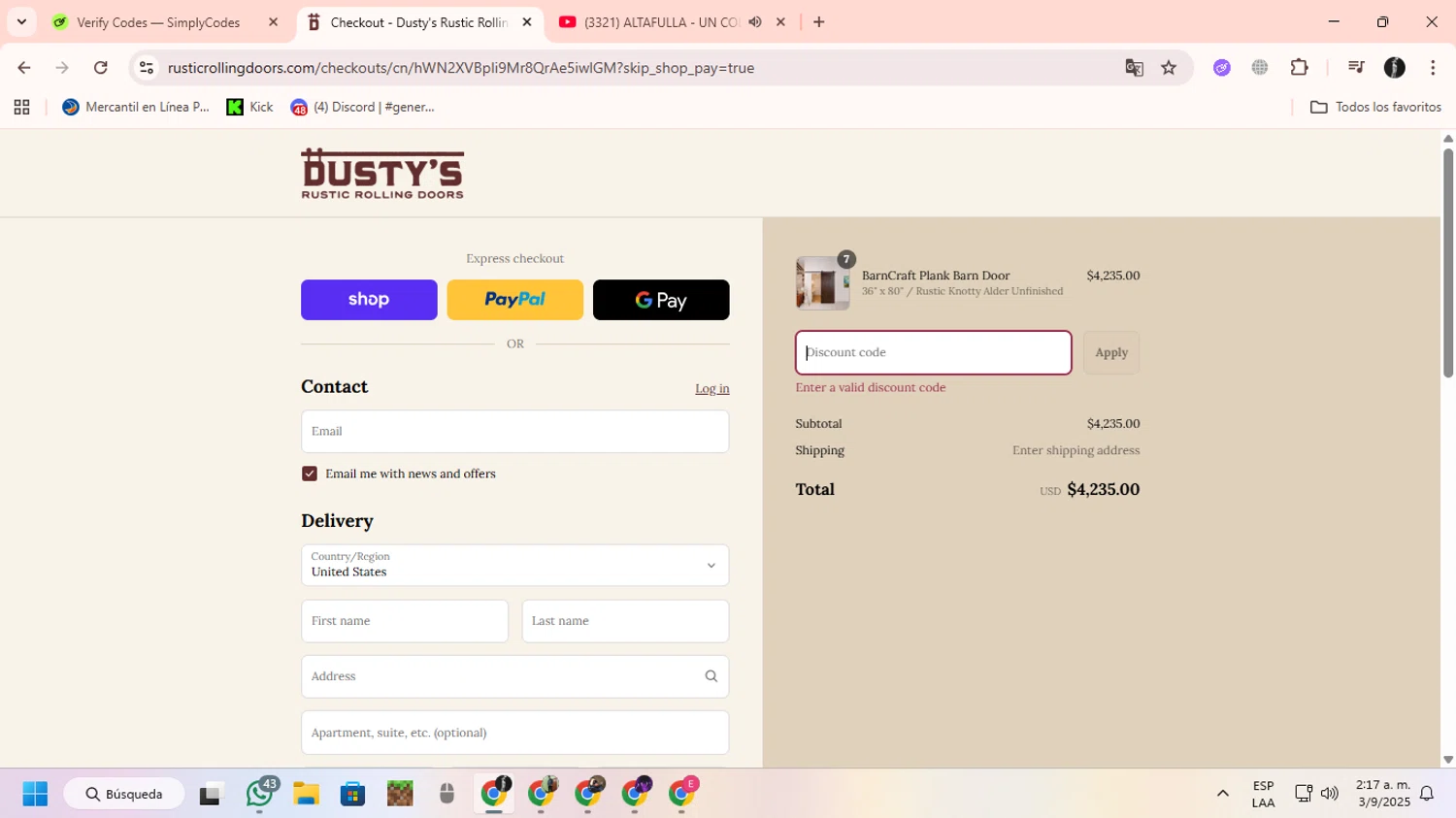 Rustic Rolling Doors discount code screenshot showing code LABOR25 applied at Rustic Rolling Doors checkout page. Uploaded by SimplyCodes community member ChinoYugiXD on Sep 3, 2025