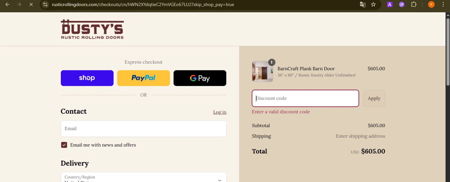 Rustic Rolling Doors discount code screenshot showing code LABOR25 applied at Rustic Rolling Doors checkout page. Uploaded by SimplyCodes community member NobleElite1598 on Sep 3, 2025