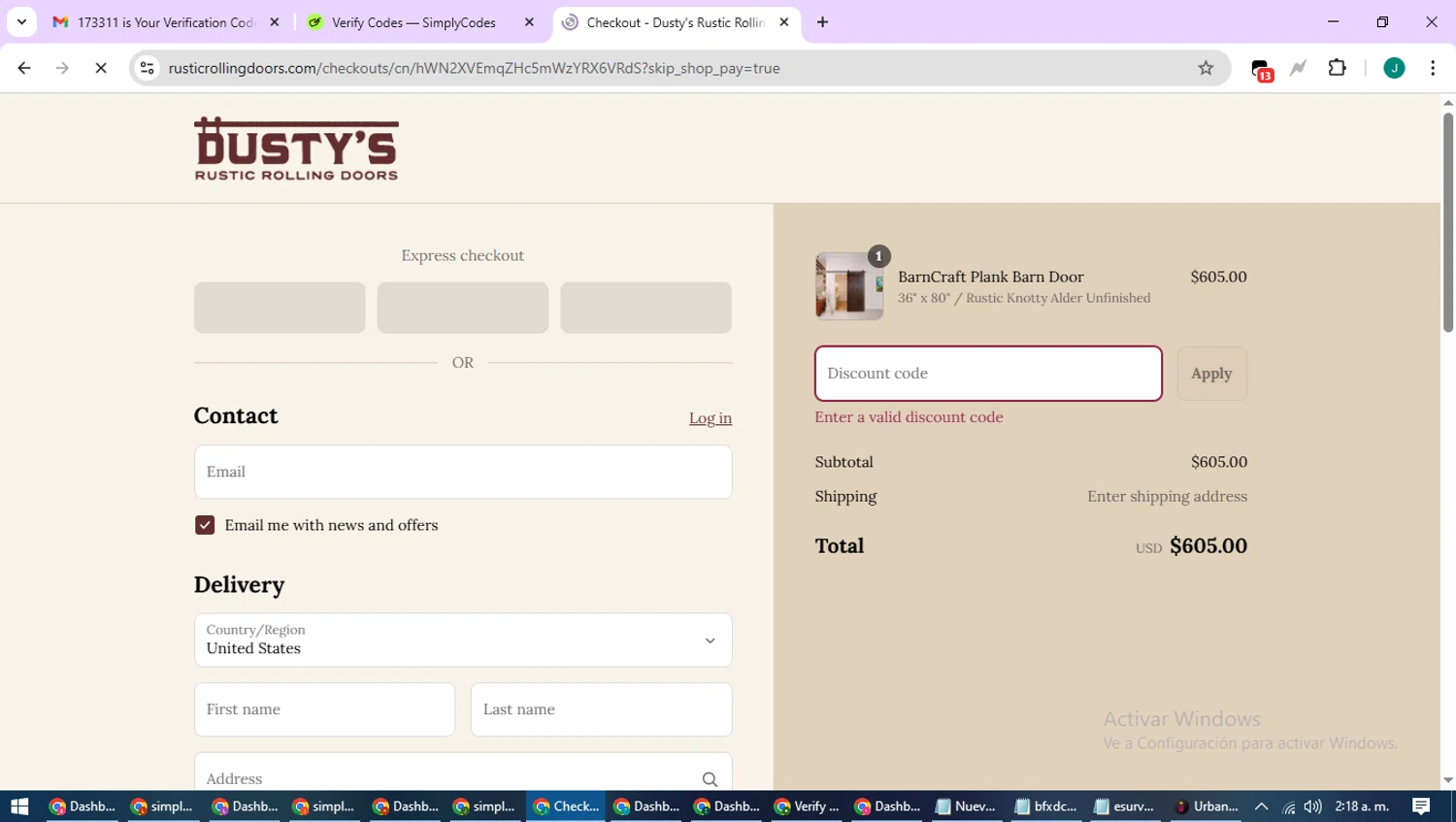 Rustic Rolling Doors discount code screenshot showing code LABOR25 applied at Rustic Rolling Doors checkout page. Uploaded by SimplyCodes community member SavvyCurator1770 on Sep 3, 2025