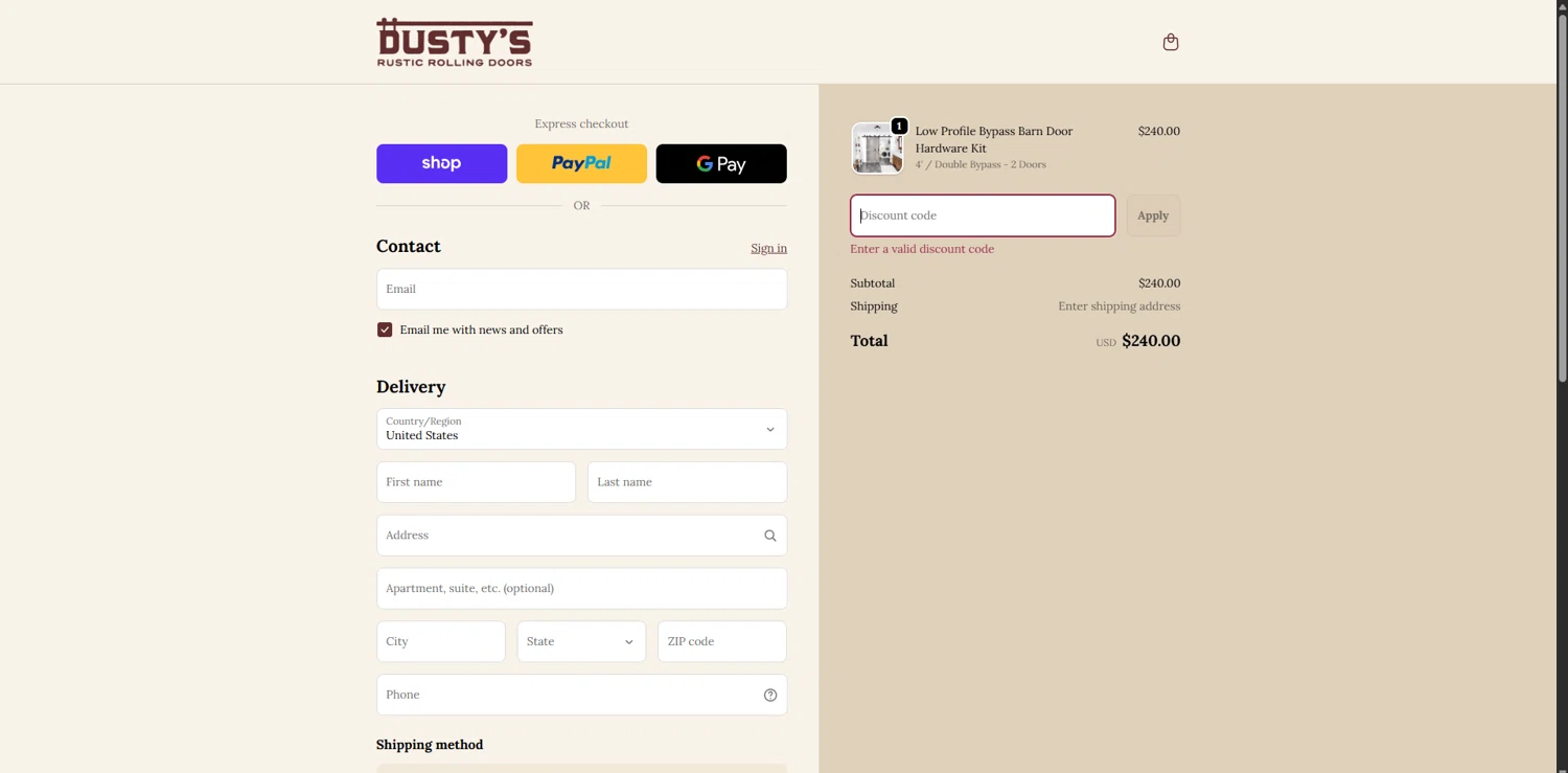 Rustic Rolling Doors discount code screenshot showing code BF2025 applied at Rustic Rolling Doors checkout page. Uploaded by SimplyCodes community member ValueGenius9720 on Dec 4, 2025