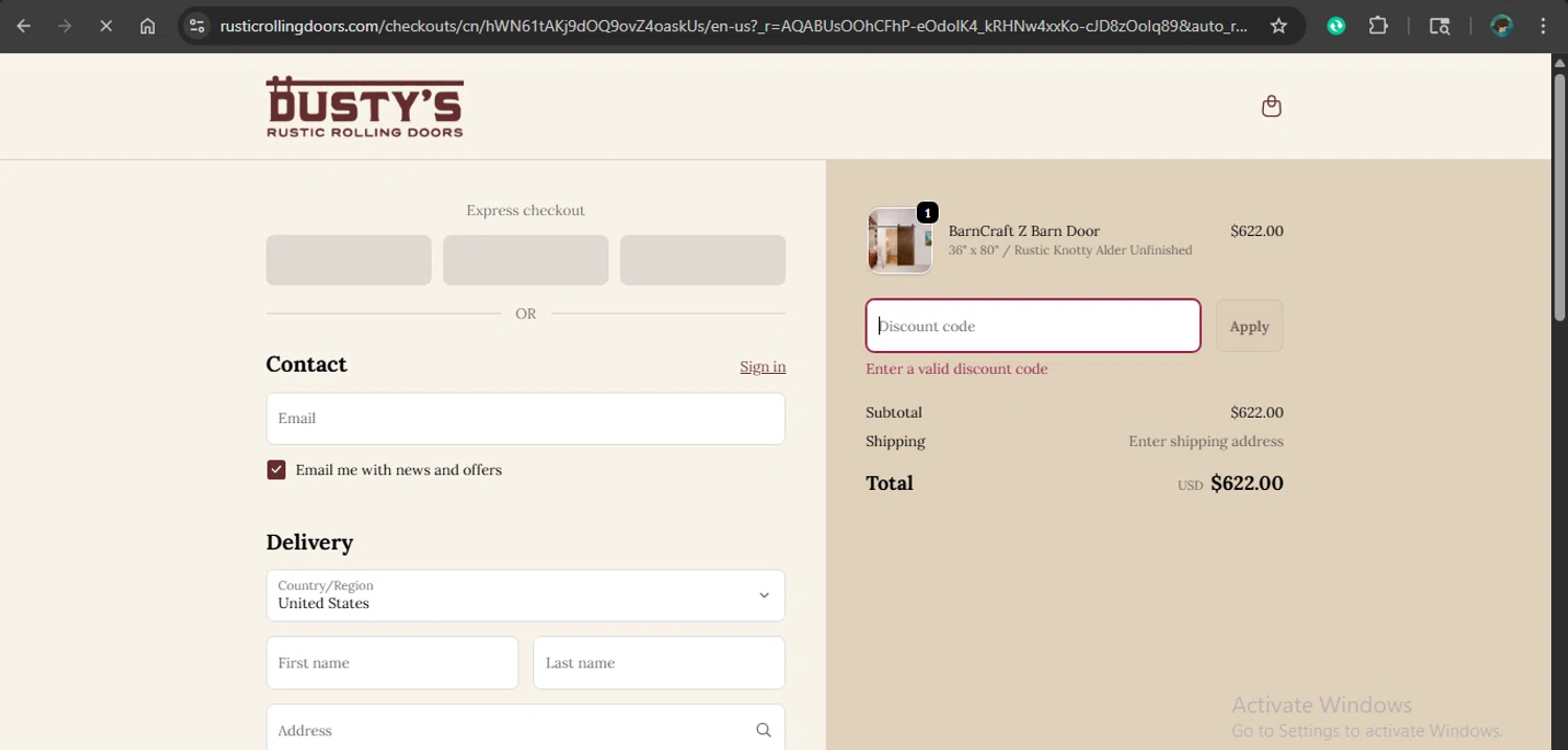 Rustic Rolling Doors discount code screenshot showing code BF2025 applied at Rustic Rolling Doors checkout page. Uploaded by SimplyCodes community member giselmarstephanny on Dec 4, 2025