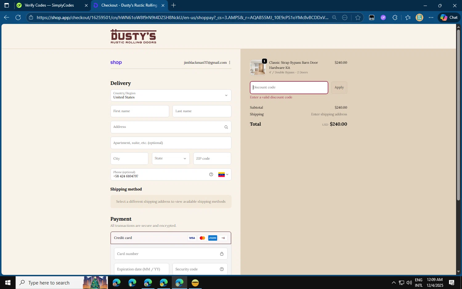 Rustic Rolling Doors discount code screenshot showing code BF2025 applied at Rustic Rolling Doors checkout page. Uploaded by SimplyCodes community member jvllsk3 on Dec 4, 2025
