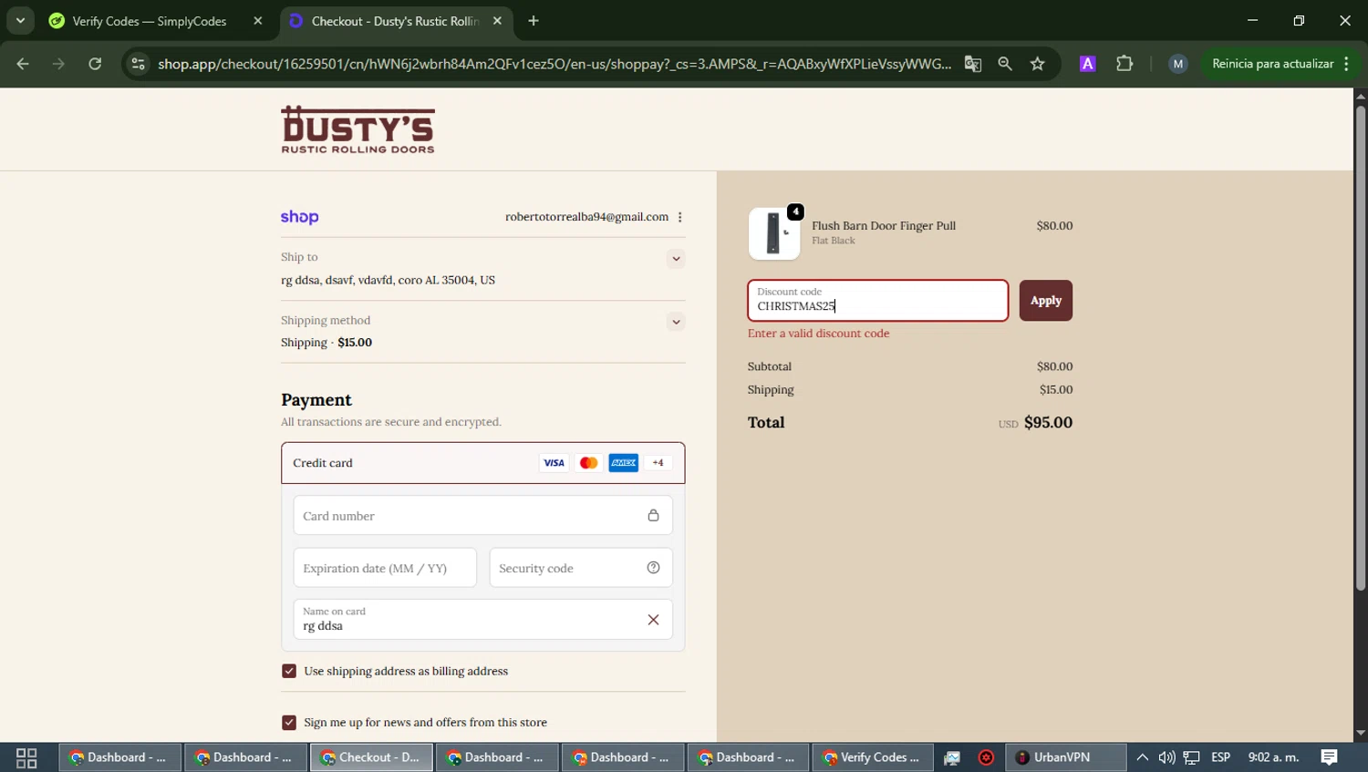 Rustic Rolling Doors discount code screenshot showing code CHRISTMAS25 applied at Rustic Rolling Doors checkout page. Uploaded by SimplyCodes community member EpicCaptain5837 on Dec 22, 2025