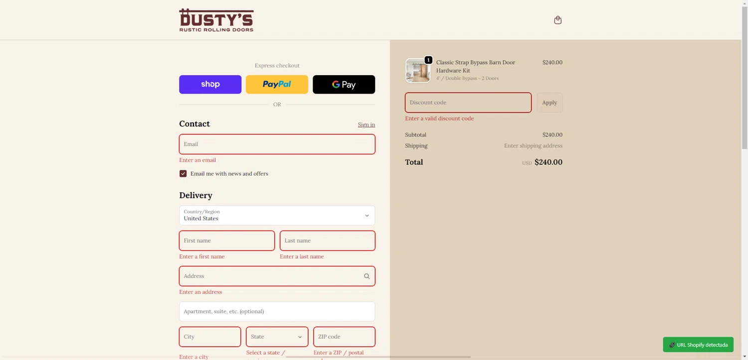 Rustic Rolling Doors discount code screenshot showing code WINTER26 applied at Rustic Rolling Doors checkout page. Uploaded by SimplyCodes community member TreasureKnight4134 on Jan 30, 2026