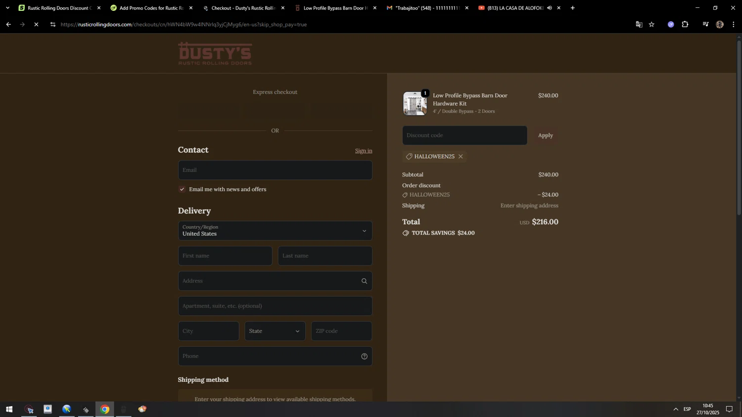 Rustic Rolling Doors discount code screenshot showing code HALLOWEEN25 applied at Rustic Rolling Doors checkout page. Uploaded by SimplyCodes community member MarcosAranguren on Oct 27, 2025