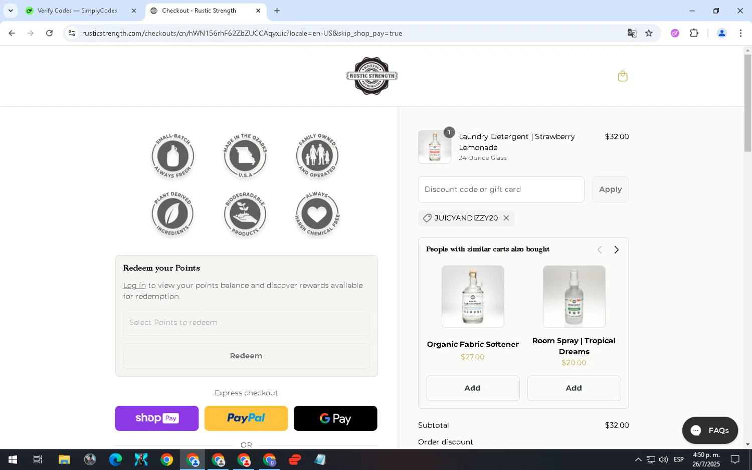 Rustic Strength discount code screenshot showing code juicyandizzy20 applied at Rustic Strength checkout page. Uploaded by SimplyCodes community member MightyShopper3015 on Jul 26, 2025