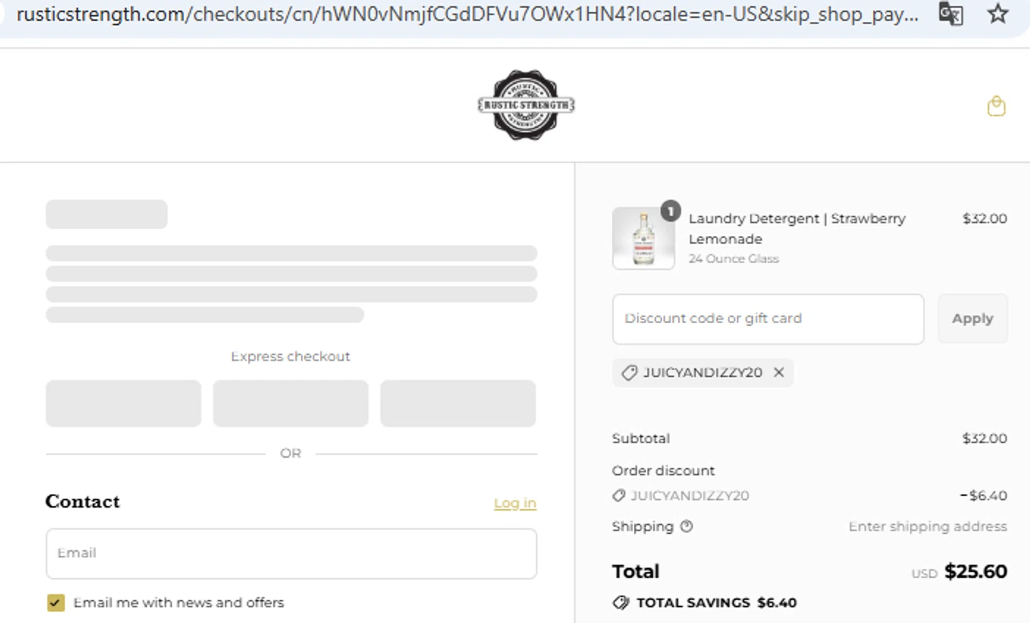 Rustic Strength discount code screenshot showing code juicyandizzy20 applied at Rustic Strength checkout page. Uploaded by SimplyCodes community member PennyOwl2559 on Aug 12, 2025