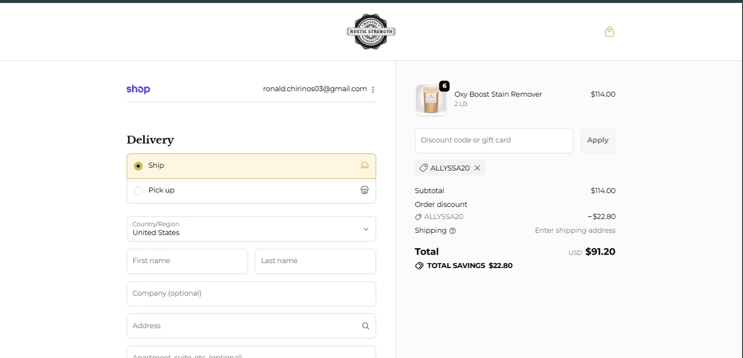 Rustic Strength discount code screenshot showing code ALLYSSA20 applied at Rustic Strength checkout page. Uploaded by SimplyCodes community member SmartWhiz589 on Oct 18, 2025