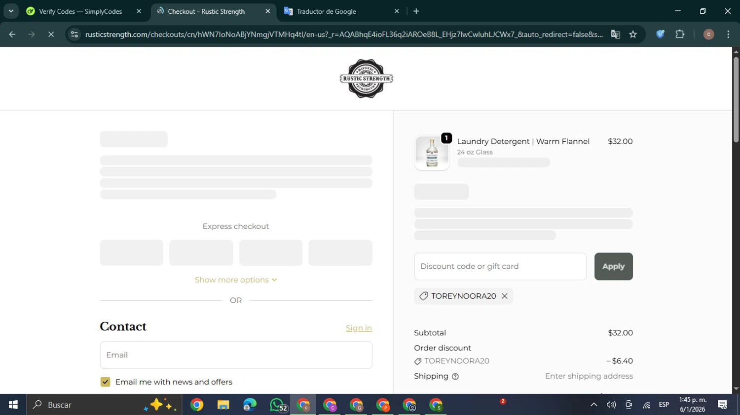 Rustic Strength discount code screenshot showing code TOREYNOORA20 applied at Rustic Strength checkout page. Uploaded by SimplyCodes community member NobleExpert6497 on Jan 6, 2026