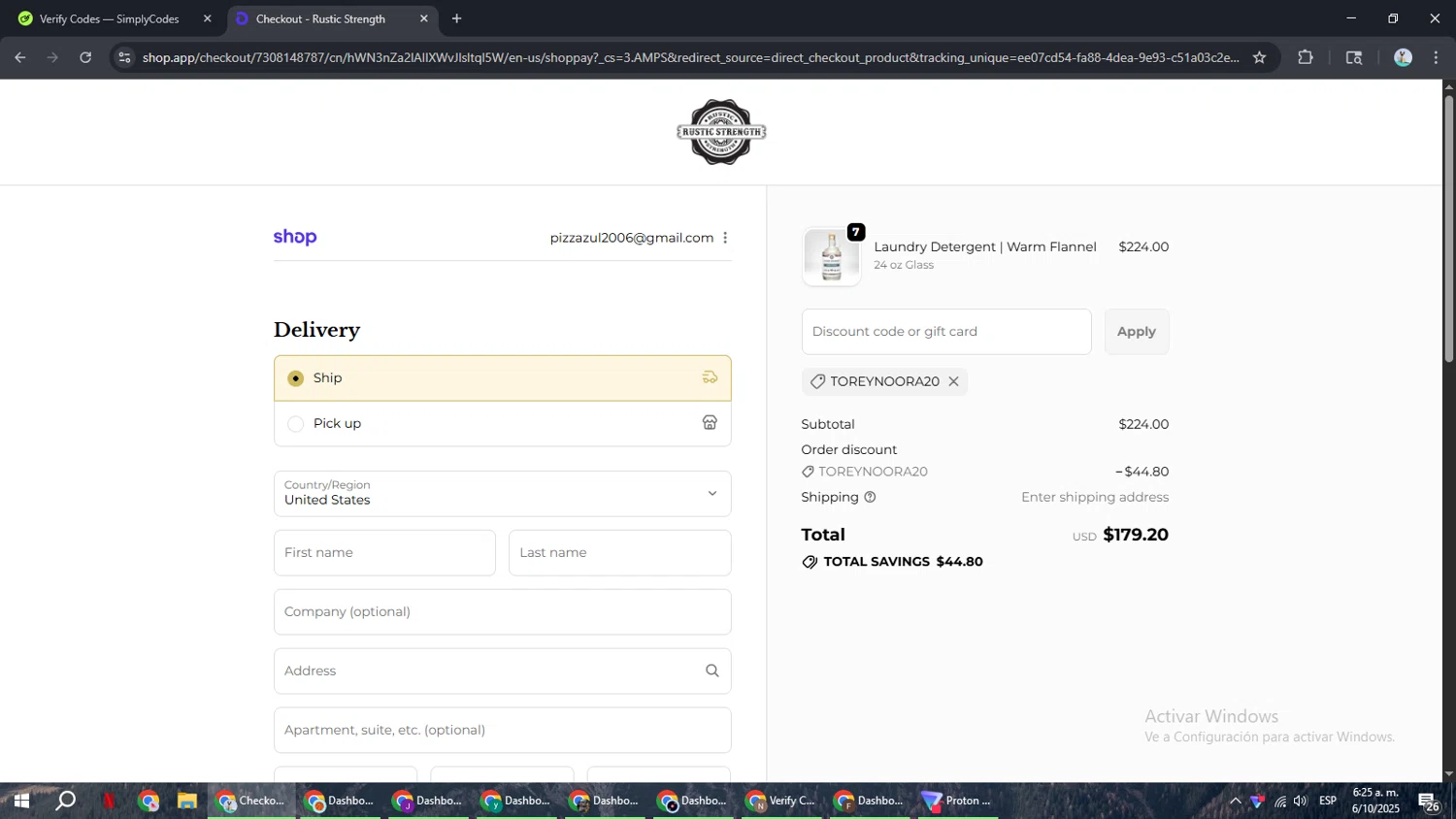 Rustic Strength discount code screenshot showing code TOREYNOORA20 applied at Rustic Strength checkout page. Uploaded by SimplyCodes community member ShrewdSeeker6165 on Oct 6, 2025