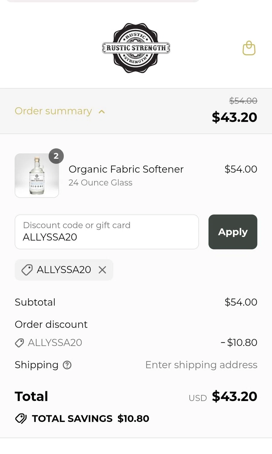 Rustic Strength discount code screenshot showing code ALLYSSA20 applied at Rustic Strength checkout page. Uploaded by SimplyCodes community member JuanMonge on Aug 1, 2025