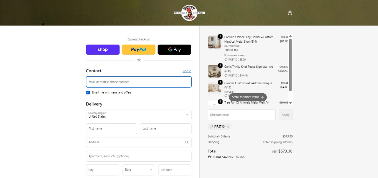 Rusty Rooster Metal promo code screenshot showing code FIRST10 applied at Rusty Rooster Metal checkout page. Uploaded by SimplyCodes community member DealSleuth3125 on Jan 1, 2026