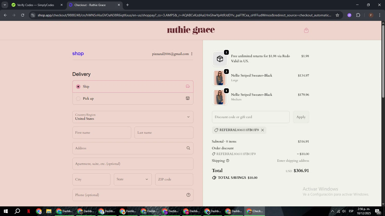 Ruthie Grace coupon code screenshot showing code REFERRAL806111fb03f9 applied at Ruthie Grace checkout page. Uploaded by SimplyCodes community member ExtraordinaryHunter3076 on Dec 10, 2025