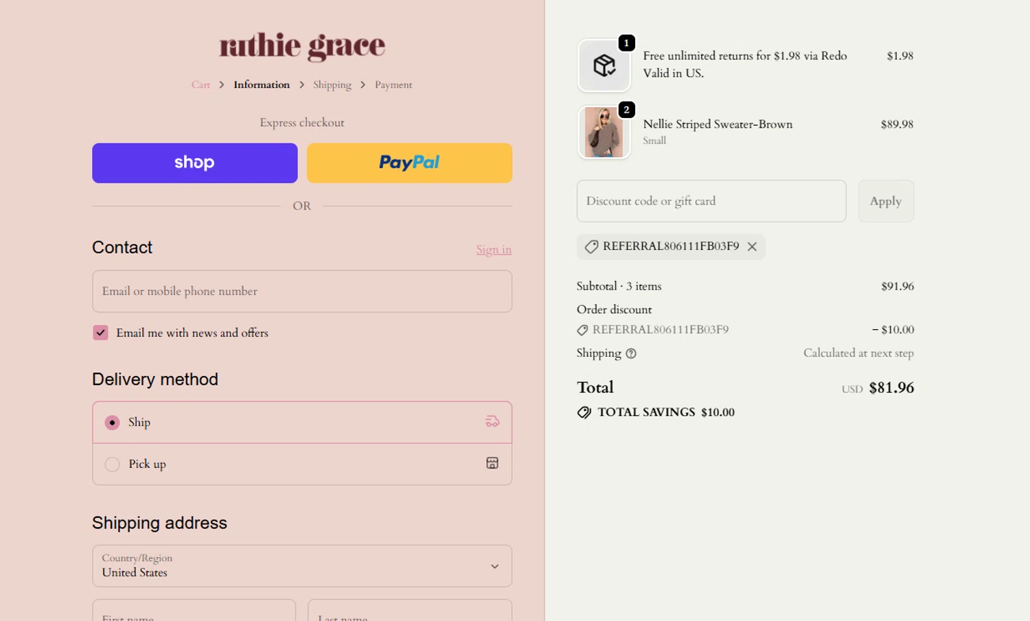 Ruthie Grace coupon code screenshot showing code REFERRAL806111fb03f9 applied at Ruthie Grace checkout page. Uploaded by SimplyCodes community member QuestNavigator1687 on Dec 10, 2025