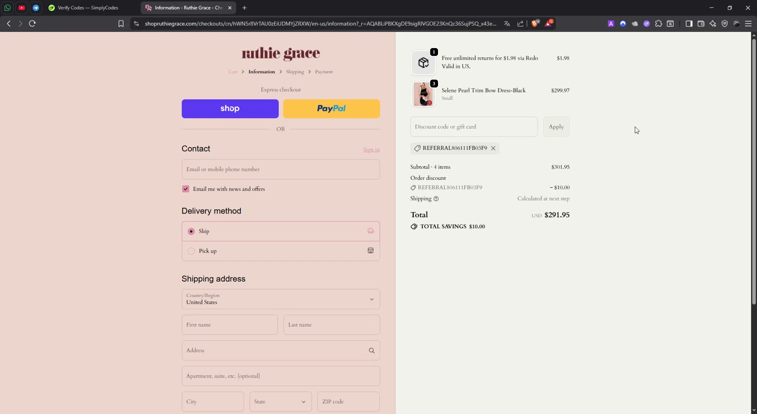 Ruthie Grace coupon code screenshot showing code REFERRAL806111fb03f9 applied at Ruthie Grace checkout page. Uploaded by SimplyCodes community member lisethchirino on Nov 29, 2025