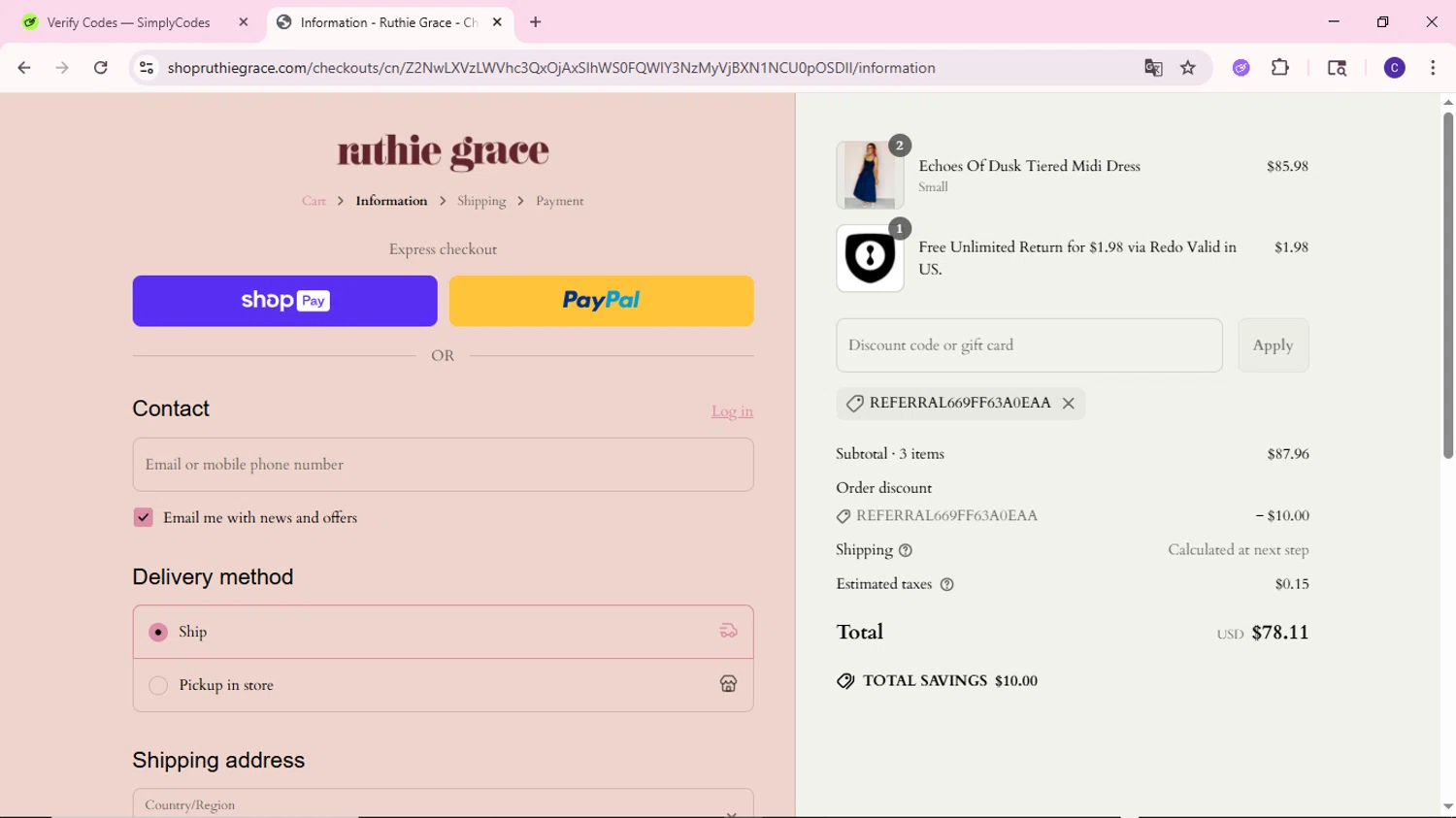 Ruthie Grace coupon code screenshot showing code REFERRAL669ff63a0eaa applied at Ruthie Grace checkout page. Uploaded by SimplyCodes community member MoneyWizard2699 on Jun 16, 2025