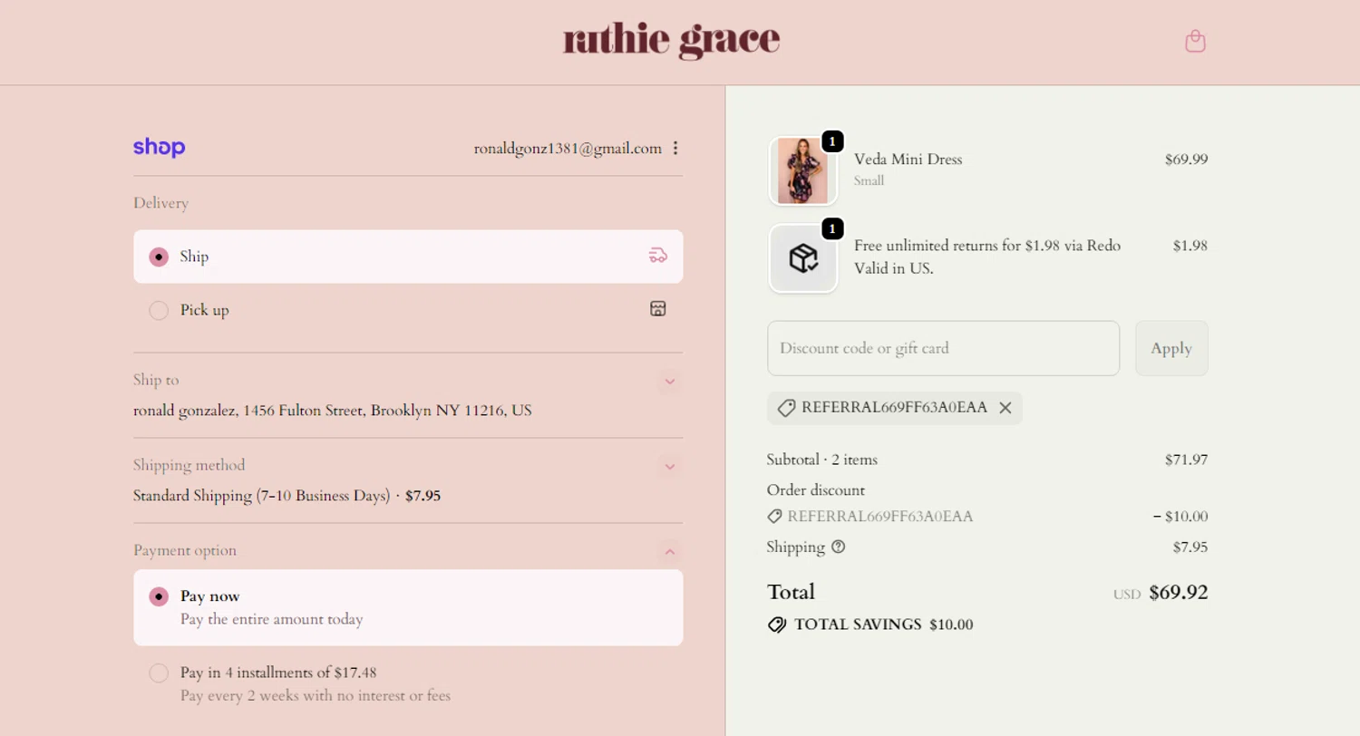 Ruthie Grace coupon code screenshot showing code REFERRAL669ff63a0eaa applied at Ruthie Grace checkout page. Uploaded by SimplyCodes community member Ronald13 on Nov 24, 2025