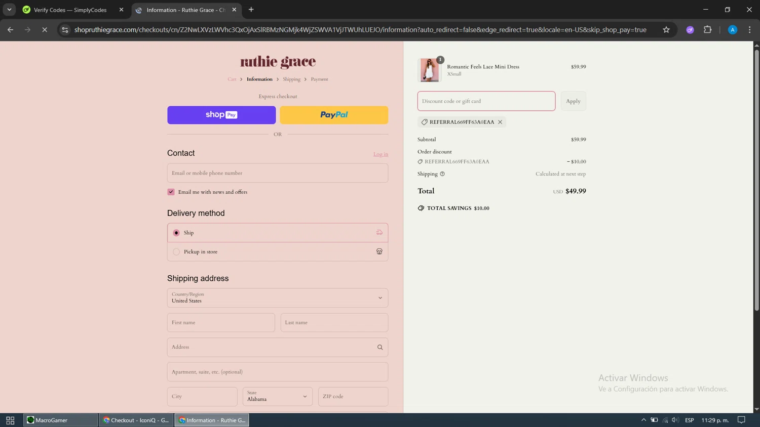 Ruthie Grace coupon code screenshot showing code REFERRAL669ff63a0eaa applied at Ruthie Grace checkout page. Uploaded by SimplyCodes community member ThriftySage2675 on May 3, 2025