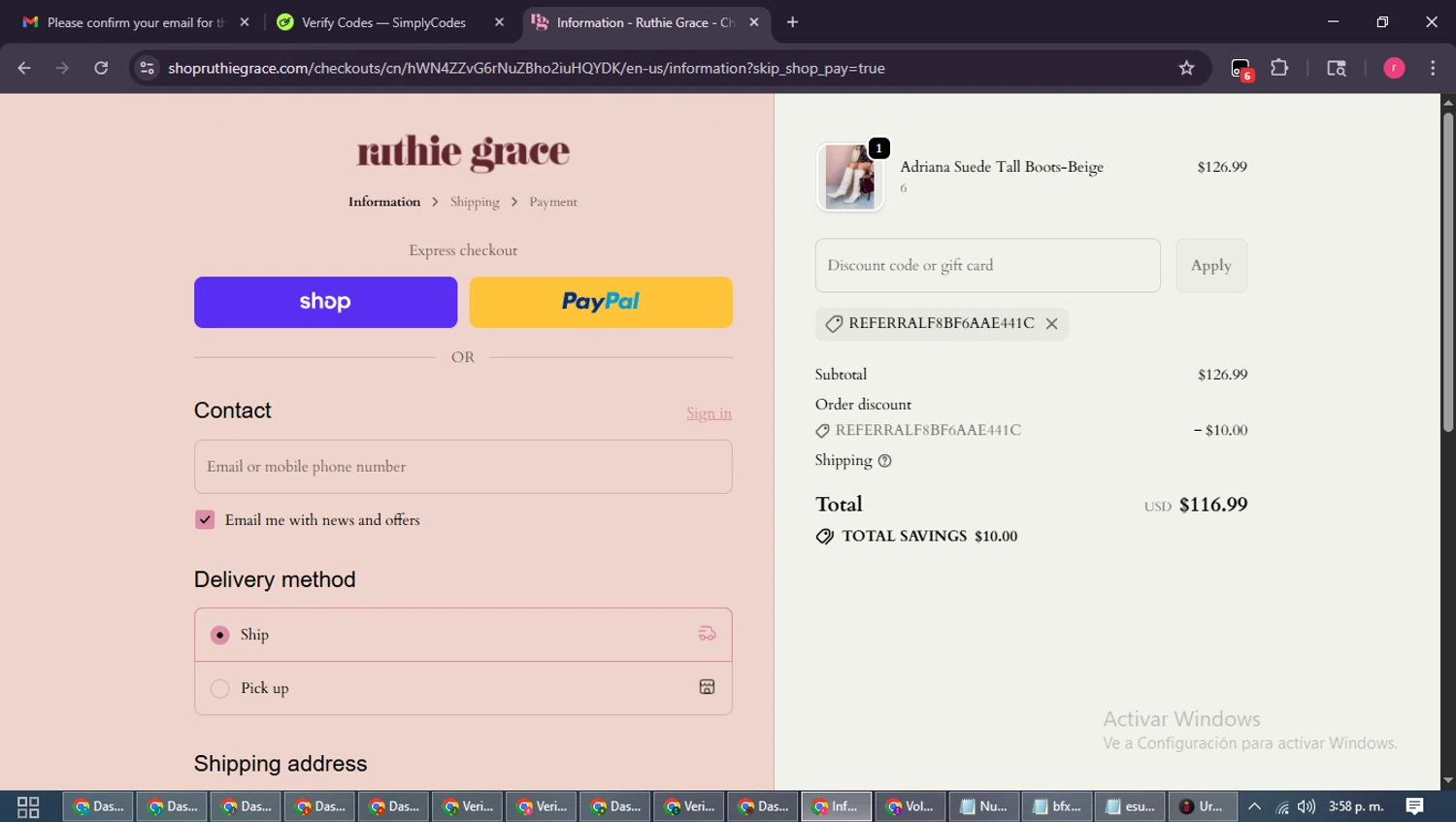 Ruthie Grace coupon code screenshot showing code REFERRALf8bf6aae441c applied at Ruthie Grace checkout page. Uploaded by SimplyCodes community member WisePro3739 on Oct 26, 2025