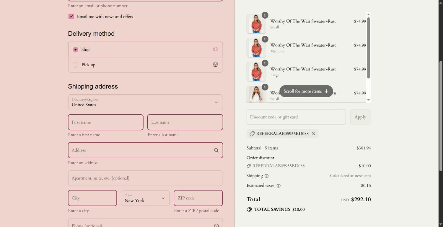 Ruthie Grace coupon code screenshot showing code REFERRALab05955bd088 applied at Ruthie Grace checkout page. Uploaded by SimplyCodes community member BonusFox1297 on Aug 7, 2025
