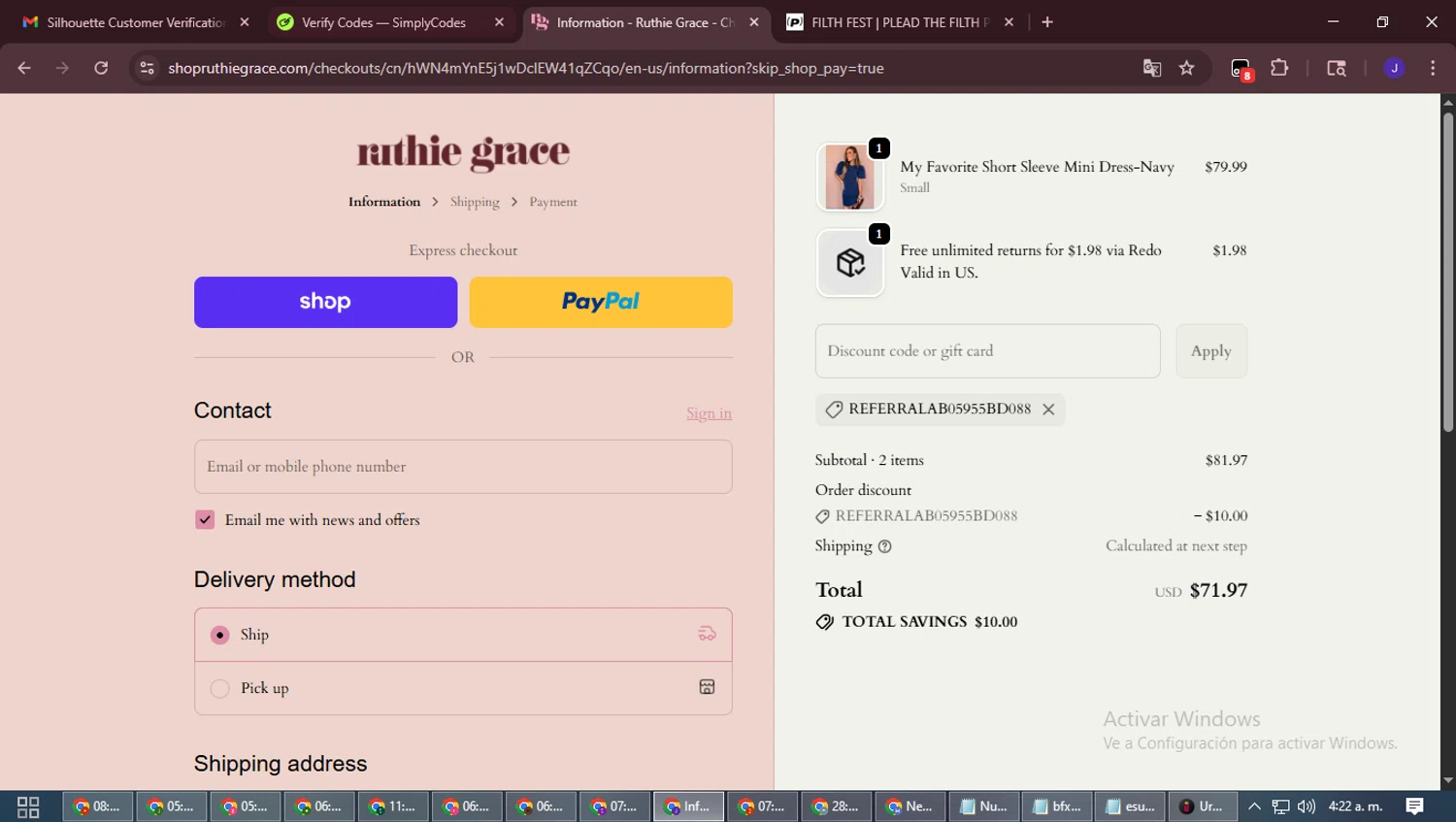 Ruthie Grace coupon code screenshot showing code REFERRALab05955bd088 applied at Ruthie Grace checkout page. Uploaded by SimplyCodes community member LegendaryLegend9872 on Nov 1, 2025