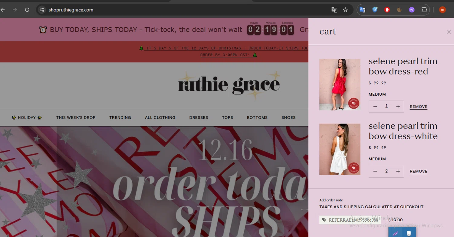 Ruthie Grace coupon code screenshot showing code REFERRALab05955bd088 applied at Ruthie Grace checkout page. Uploaded by SimplyCodes community member SmartFalcon9323 on Dec 16, 2025