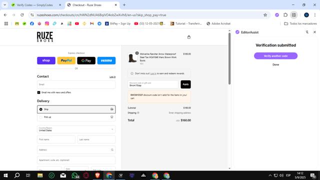 Ruze Shoes checkout page showing Ruze Shoes discount code box | Screenshot taken by SimplyCodes community member on Sep 5, 2025