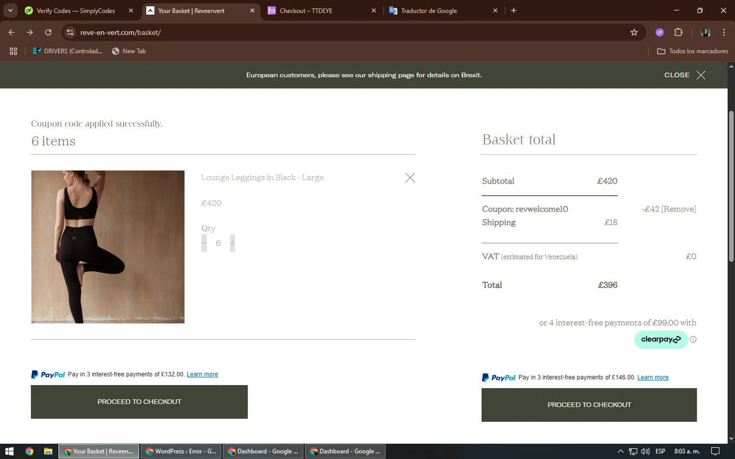 Rêve En Vert promo code screenshot showing code REVWELCOME10 applied at Rêve En Vert checkout page. Uploaded by SimplyCodes community member TheWizard on Jun 6, 2025
