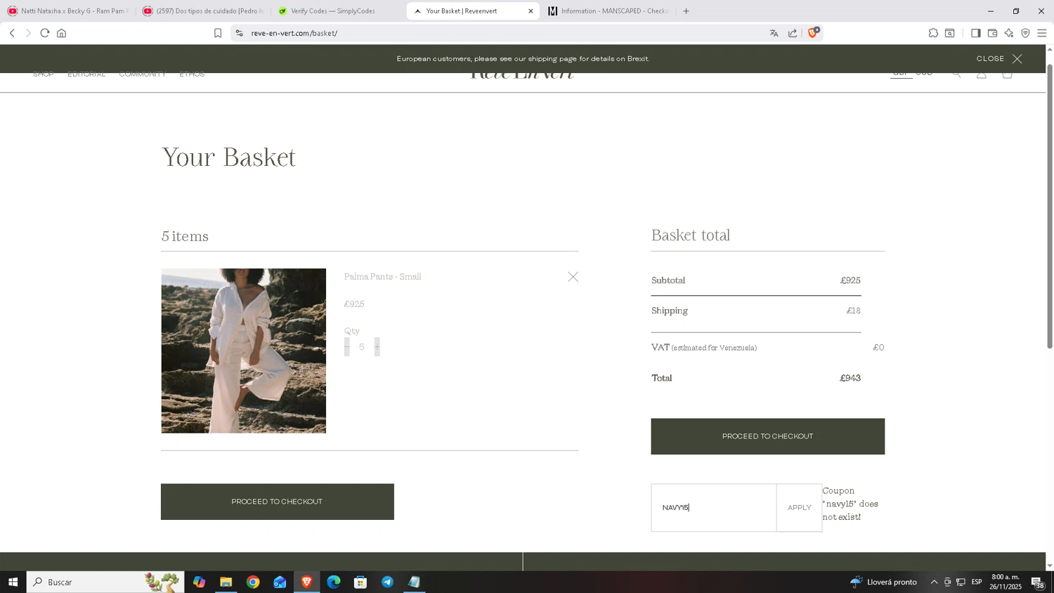 Rêve En Vert promo code screenshot showing code navy15 applied at Rêve En Vert checkout page. Uploaded by SimplyCodes community member Carloscoder_900457733 on Nov 26, 2025