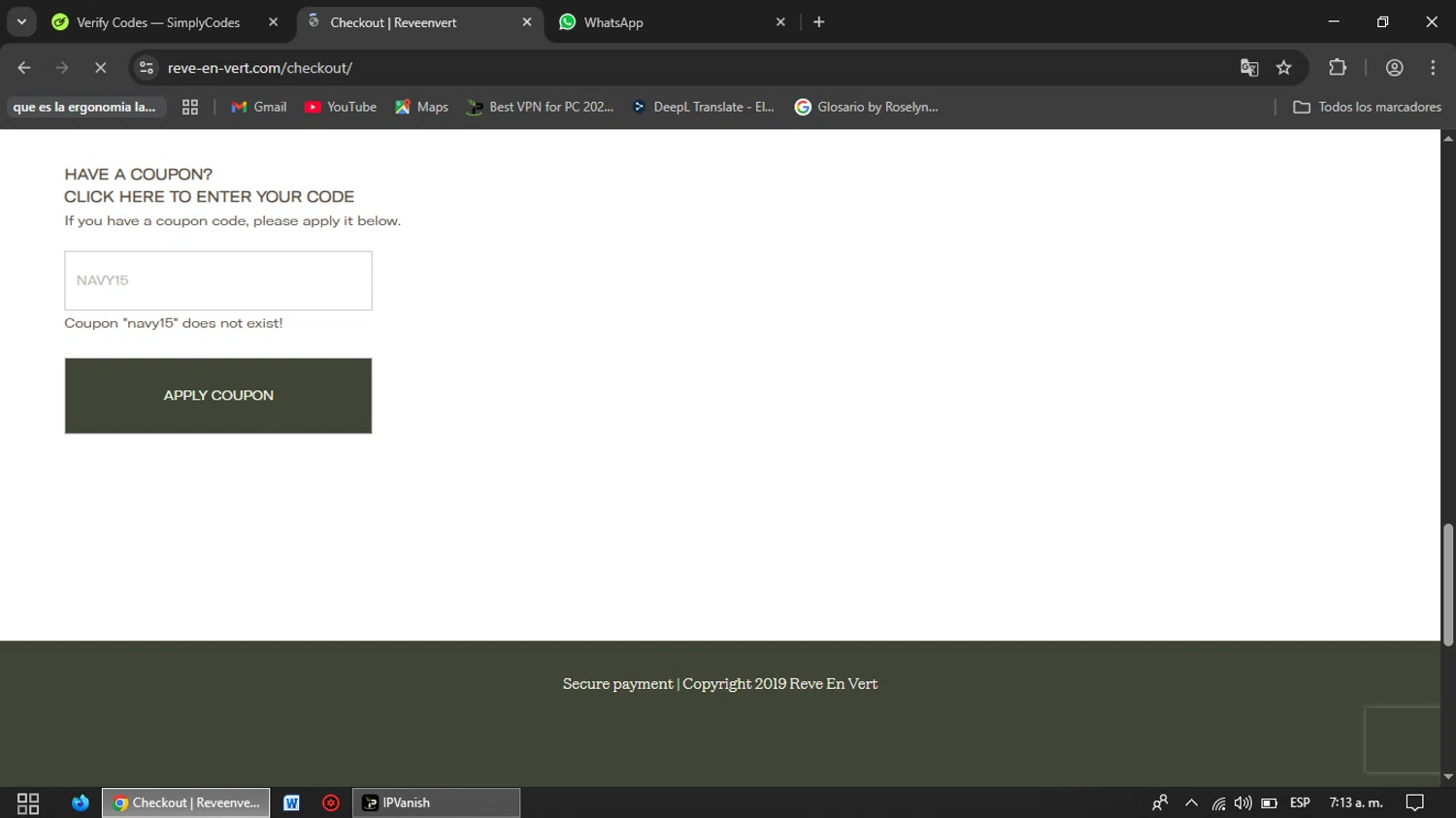 Rêve En Vert promo code screenshot showing code navy15 applied at Rêve En Vert checkout page. Uploaded by SimplyCodes community member SaleSentinel7319 on Nov 26, 2025