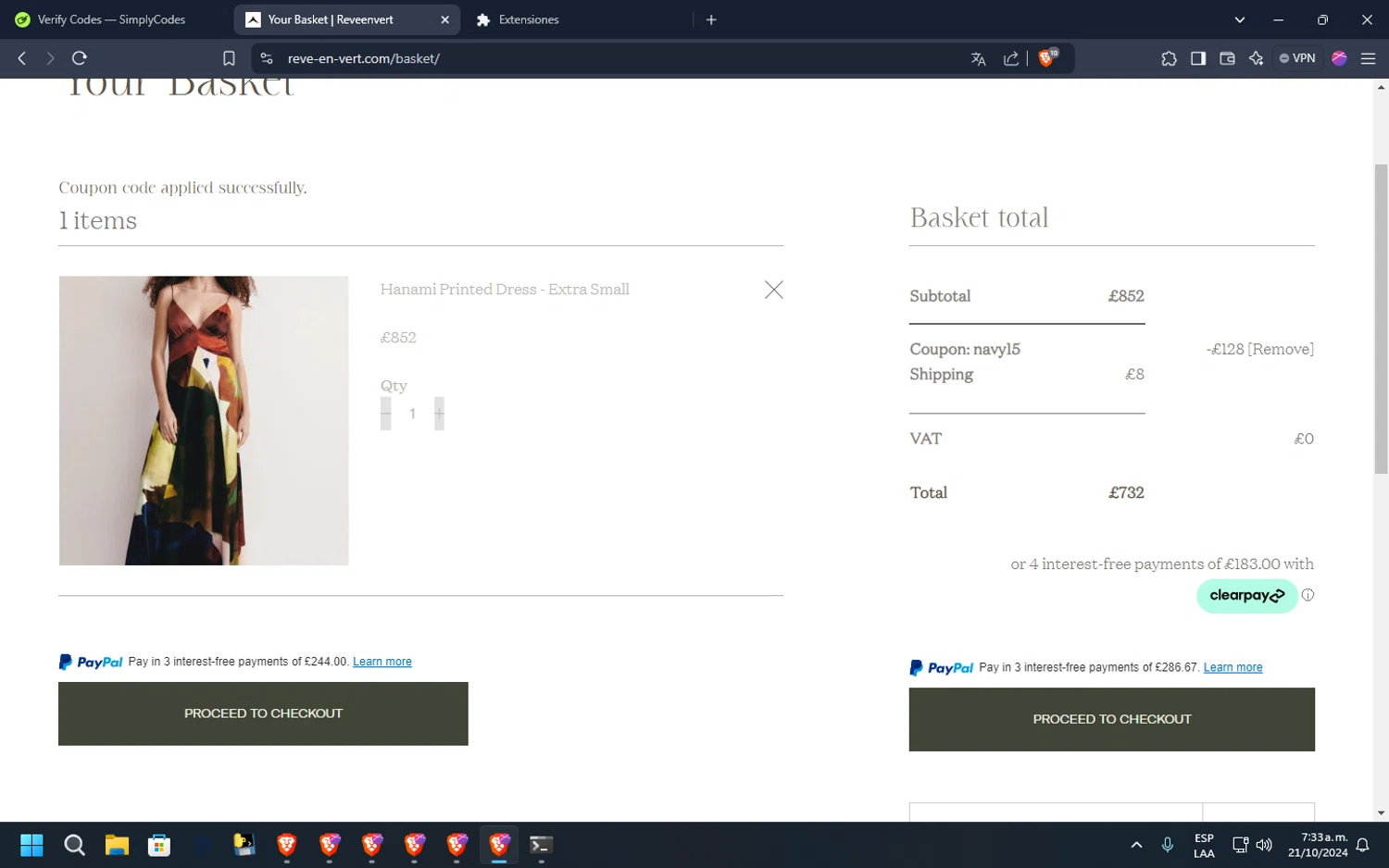 Rêve En Vert checkout page showing Rêve En Vert promo code box | Screenshot taken by SimplyCodes community member on Oct 21, 2024